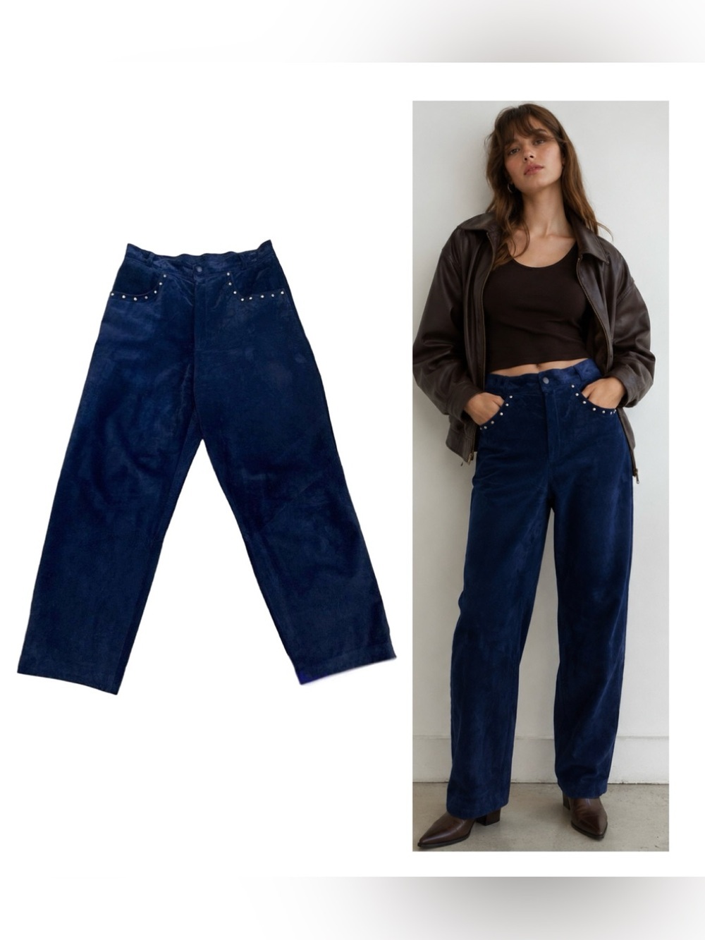 DANIER Leather vintage dark blue suede studded pants Sz 14